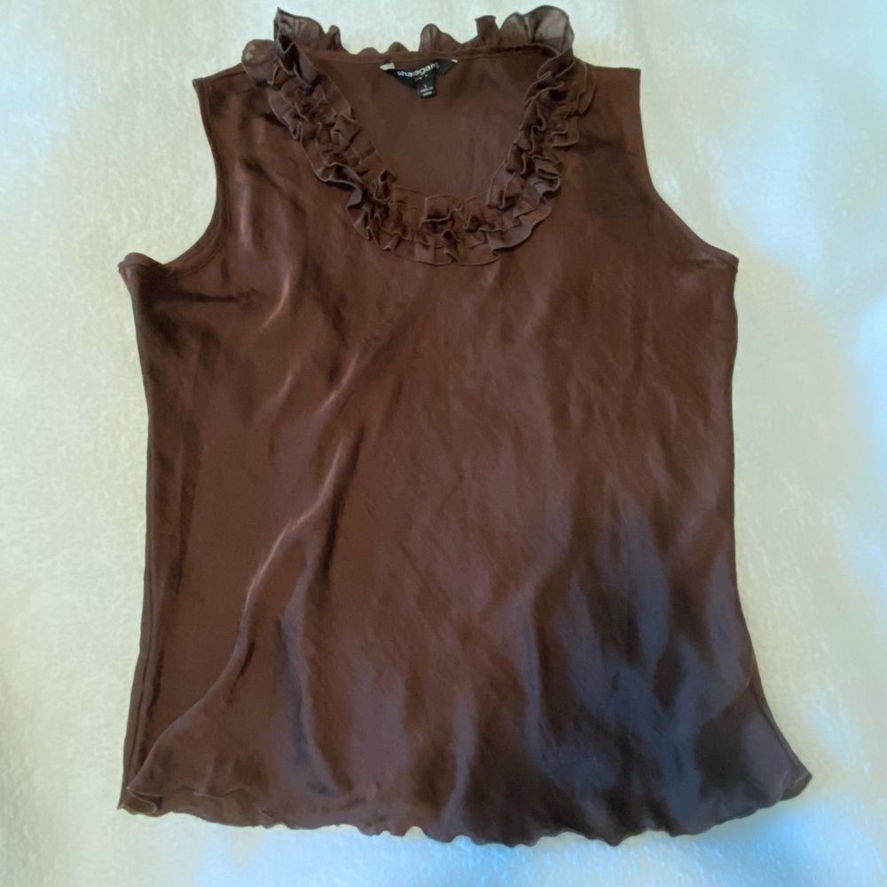Brown ruffle neck top.
